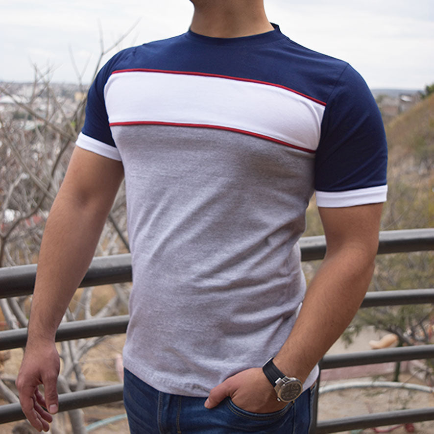 Playera Cuello Redondo Manga Corta Con Franja #A054