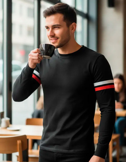 Playera Cuello Redondo Manga Larga Con Lineas #A130