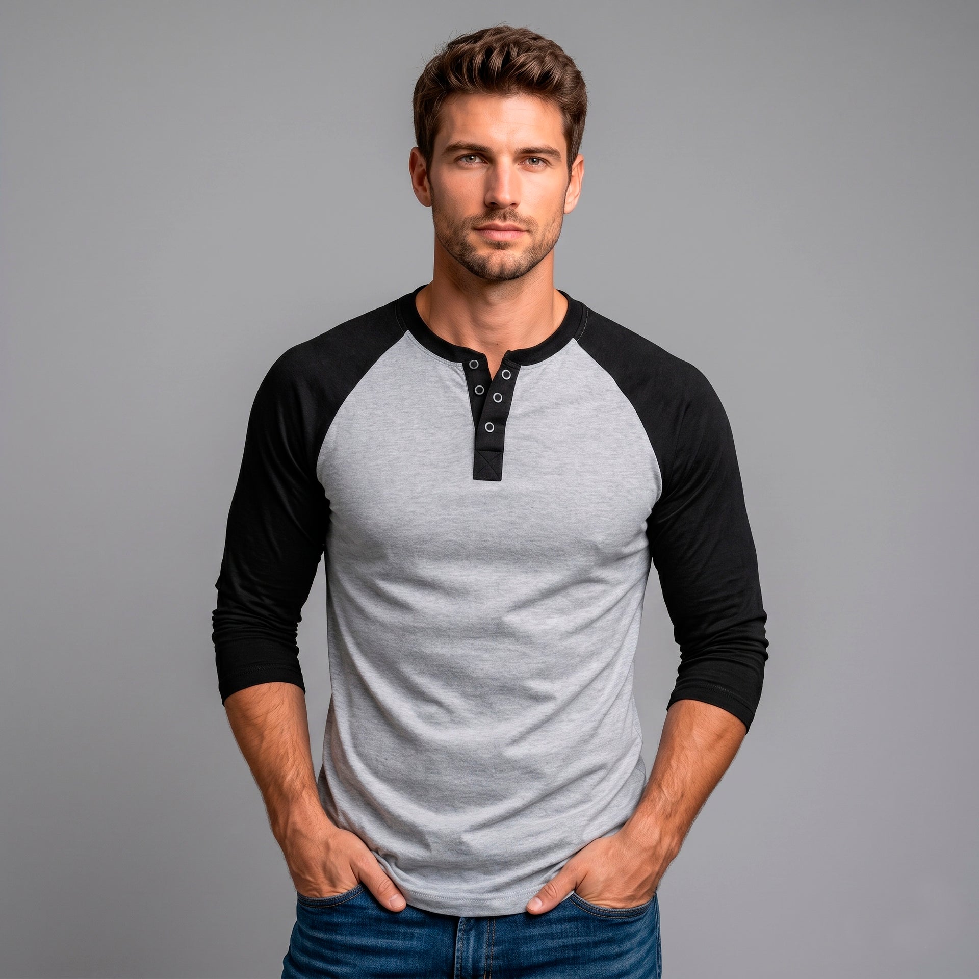 Playera Manga Ranglan Manga 3/4 Con Broches – Torso Gris Jaspe #A007