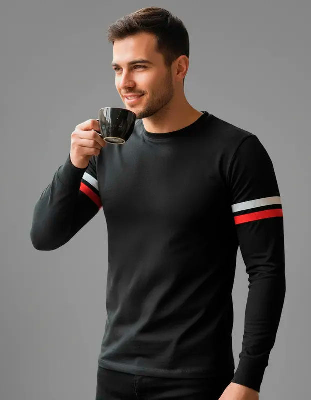 Playera Cuello Redondo Manga Larga Con Lineas #A130