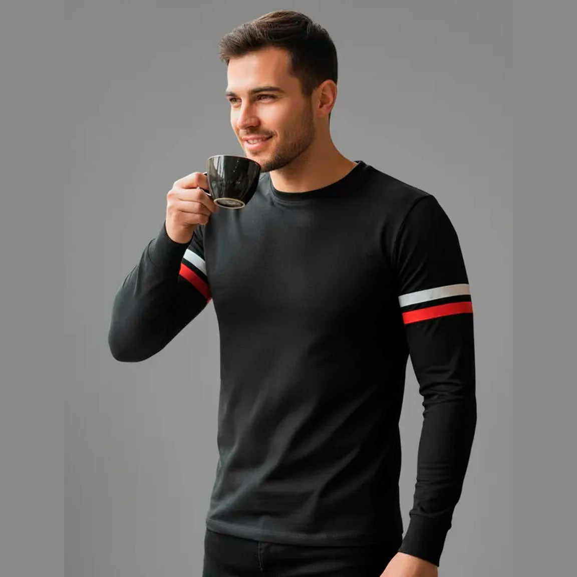 Playera Cuello Redondo Manga Larga Con Lineas #A130