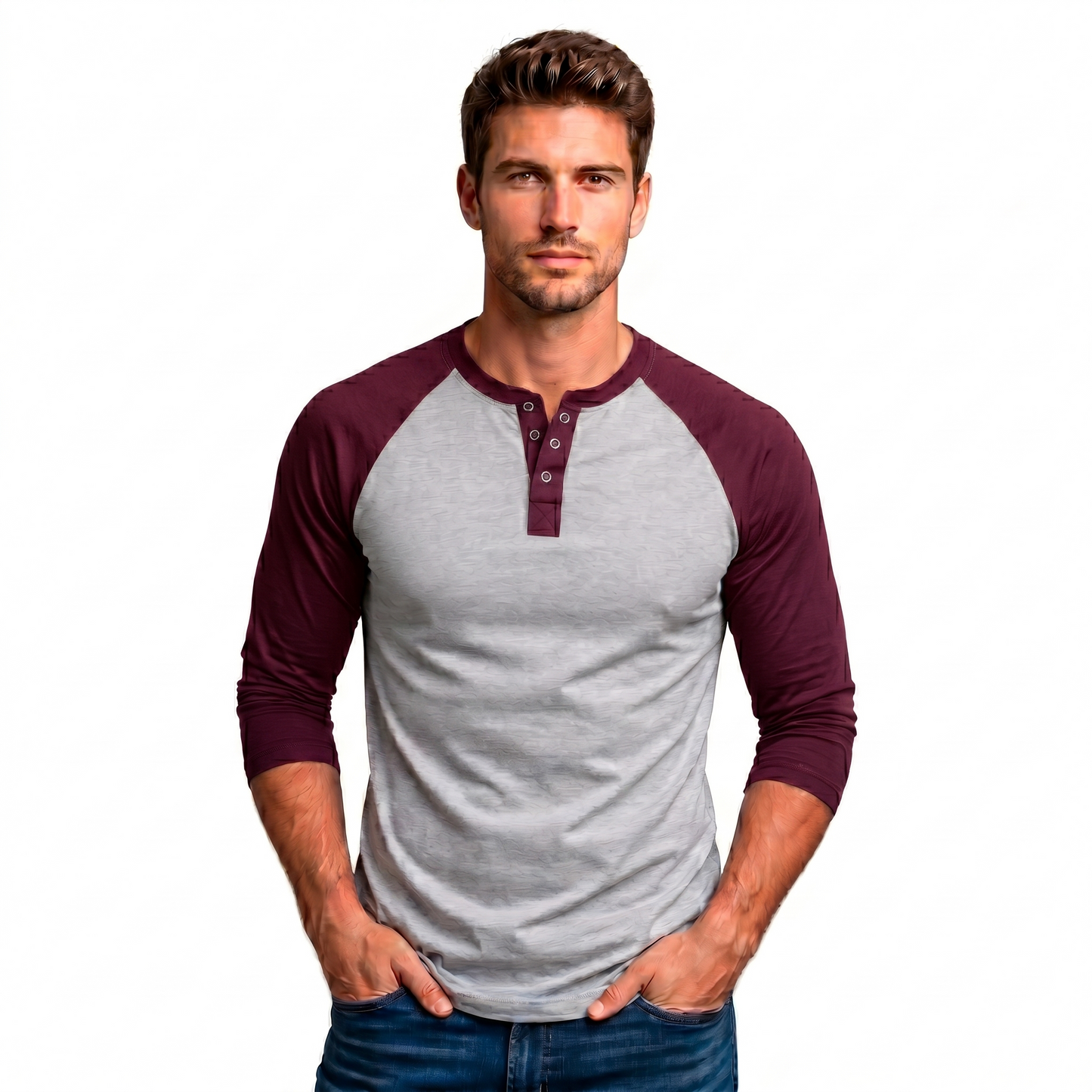 Playera Manga Ranglan Manga 3/4 Con Broches – Torso Gris Jaspe #A007